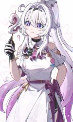  1girl ? absurdres arm_behind_back bare_shoulders black_gloves closed_mouth clothing_cutout commentary_request cutescookie dress gloves gradient_hair hand_up highres honkai_(series) honkai_impact_3rd kiana_kaslana kiana_kaslana_(herrscher_of_finality) long_hair multicolored_gloves multicolored_hair purple_hair shoulder_cutout simple_background smile solo symbol-shaped_pupils tongue tongue_out two-sided_gloves two-tone_gloves very_long_hair white_background white_dress white_gloves white_hair 