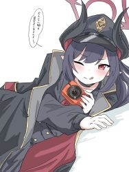  1girl :q ;q black_coat black_hair black_horns blue_archive blush camera chiaki_(blue_archive) coat commentary_request curved_horns demon_girl demon_horns digital_camera halo hat highres holding holding_camera horns long_hair long_sleeves looking_at_viewer multicolored_horns multiple_horns necktie one_eye_closed peaked_cap pointy_ears red_eyes red_halo red_necktie shirt simple_background sleeve_cuffs smile solo speech_bubble tachikaze_miyako tongue tongue_out translation_request two-tone_horns white_background 