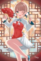  1girl :d ;d absurdres blunt_bangs breasts brown_hair china_dress chinese_clothes commentary_request dress folding_fan green_eyes hair_ornament hand_fan highres holding holding_fan indie_virtual_youtuber lattice long_sleeves looking_at_viewer low_twintails one_eye_closed open_mouth pom_pom_(clothes) pom_pom_hair_ornament red_nails ribbon round_window shigure_ui_(vtuber) short_hair short_twintails shrug_(clothing) smile solo standing standing_on_one_leg thippy twintails virtual_youtuber window 