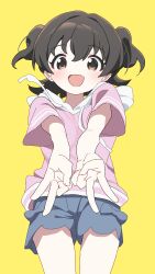  1girl absurdres akagi_miria bare_arms black_hair blush commentary cowboy_shot double_v fuyubone grey_shorts highres hood hoodie idolmaster idolmaster_cinderella_girls loli looking_at_viewer pink_hoodie short_sleeves shorts simple_background smile solo thighs two_side_up v yellow_background 