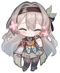  1girl black_thighhighs blush brown_capelet brown_headband capelet chibi chibi_only closed_eyes double-parted_bangs dress english_commentary firefly_(honkai:_star_rail) flower_symbol full_body gradient_hair gradient_thighhighs green_dress green_thighhighs grey_hair hair_between_eyes hair_intakes hair_ornament hairband headband honkai:_star_rail honkai_(series) long_hair long_sleeves lowres mins_(minevi) multicolored_dress multicolored_hair neckerchief orange_neckerchief short_dress simple_background sleeve_bow smile solo split_mouth standing thigh-highs transparent_background white_sleeves zettai_ryouiki 