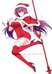  1girl boots breasts covered_navel fate/grand_order fate_(series) gae_bolg harukon_(halcon) hat high_heels highres holding holding_weapon large_breasts long_hair looking_at_viewer purple_hair red_eyes red_legwear sack santa_hat scathach_(fate/grand_order) simple_background smile solo thigh-highs thigh_boots weapon white_background 