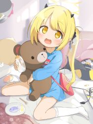  1girl baby_bottle bag black_horns black_ribbon black_tail black_wings blonde_hair blue_archive blue_shirt bobby_socks bottle character_name commentary demon_girl demon_horns demon_tail demon_wings halo highres holding holding_bottle holding_stuffed_toy horns ibuki_(blue_archive) kindergarten_uniform kneehighs long_hair long_sleeves looking_at_viewer makuran name_tag open_mouth peroro_(blue_archive) pink_bag plate pointy_ears puffy_long_sleeves puffy_sleeves ribbon shirt shoulder_bag side_ponytail sitting socks solo stuffed_animal stuffed_toy tail teddy_bear wariza white_socks wings yellow_eyes yellow_halo 