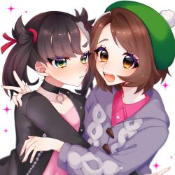  2girls :d absurdres black_choker black_jacket brown_eyes brown_hair buttons cardigan choker closed_mouth collared_dress commentary_request dress eyelashes gloria_(pokemon) green_eyes green_hat grey_cardigan hair_ribbon hat highres hood hood_down hooded_cardigan jacket marnie_(pokemon) multiple_girls open_clothes open_jacket open_mouth pachi_8p pink_dress pokemon pokemon_sword_and_shield red_ribbon ribbon short_hair smile sparkle tam_o'_shanter teeth upper_teeth_only v white_background 