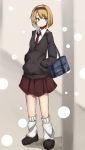  1girl alice_margatroid alternate_costume bag black_shoes blonde_hair blue_eyes breath brown_skirt collared_shirt fugashi-shi hands_in_pockets highres initial kneehighs looking_to_the_side necktie pleated_skirt red_necktie school_bag school_uniform shirt shoes short_hair skirt snow solo thighs touhou white_shirt 