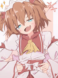  1girl :d apron arm_ribbon ascot blue_eyes blush blush_stickers bow brown_hair choppy_bangs collared_vest commentary curled_fingers fairy_wings fang four-pointed_star frilled_sleeves frilled_vest frills hair_between_eyes hair_ribbon hairband hands_on_own_hips head_tilt highres isgod long_sleeves looking_at_viewer looking_down maid_headdress medium_hair obi open_mouth puffy_sleeves red_background red_ribbon red_sash ribbon sash shirt simple_background smile smirk smug solo star_(symbol) straight-on sun_symbol sunny_milk touhou transparent_wings tsurime twintails two-tone_background upper_body v-shaped_eyebrows vest waist_apron waist_bow white_apron white_background white_bow white_hairband white_shirt wide_sleeves wings yellow_ascot 