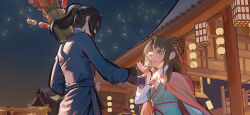  1boy 1girl absurdres architecture black_hair blush chinese_clothes cloak east_asian_architecture fireworks flower from_below fur_cloak hair_flower hair_ornament hair_ribbon highres lantern legend_of_mortal long_sleeves mu_liu_zi night people red_ribbon ribbon scenery shoes skirt standing tanghulu tanghulu_stand white_sleeves ye_yunshang zhao_huo 