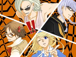  !! 4boys alice_(wonderland)_(cosplay) all-out_attack angry bare_shoulders black_eyes blonde_hair braid brown_hair checkered checkered_background clenched_teeth collarbone crossdressinging fabulous food fruit glasses hair_bobbles hair_ornament hairband hanamura_yousuke highres kuma_(persona_4) lips long_hair multiple_boys muscle narukami_yuu nayuu otoko_no_ko pearl_earrings persona persona_4 pointing school_uniform serafuku short_hair side_ponytail silver_hair smile strawberry sunglasses tatsumi_kanji twin_braids vest 