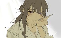  1girl absurdres bddd777 blush braid brown_hair collarbone collared_shirt commentary crescent half_up_braid hand_on_own_face head_rest highres holding holding_pencil jewelry long_hair looking_at_viewer mechanical_pencil necklace pencil shirt shuuniichido_classmate_wo_kau_hanashi simple_background sleeves_rolled_up smile solo untranslatable_commentary violet_eyes white_shirt 