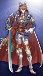  1boy animal_ears armored_boots belt black_belt blue_background blue_jacket boots brown_hair bun-o cape closed_mouth donkey_ears epaulettes esel_(grimms_notes) full_body game_asset gloves grimms_notes hair_between_eyes hand_on_own_hip hand_up holding holding_sword holding_weapon jacket male_focus non-web_source official_art pants planted planted_sword red_cape red_sash sash short_hair solo standing sword two-sided_cape two-sided_fabric weapon white_cape white_gloves white_pants 