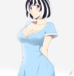  1girl arms_behind_back back bakemonogatari black_hair blush breasts cleavage hanekawa_tsubasa highres j_adsen looking_at_viewer monogatari_(series) multicolored_hair short_hair smile solo white_background white_hair 