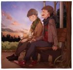  2boys alternate_costume bench brothers brown_hair cheeeeezi city coat coffee_cup jacket lamppost looking_at_another male_focus matsuno_choromatsu matsuno_osomatsu multiple_boys open_clothes open_jacket scarf siblings sitting winter_clothes winter_coat 