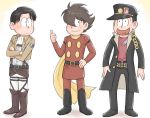  3boys :&lt; brown_hair cyborg_009 gakuran hair_over_one_eye hat heart heart_in_mouth jacket jojo_no_kimyou_na_bouken kamiya_hiroshi kuujou_joutarou levi_(shingeki_no_kyojin) matsuno_choromatsu matsuno_juushimatsu matsuno_osomatsu multiple_boys ono_daisuke open_clothes open_jacket osomatsu-san sakurai_takahiro scarf school_uniform seiyuu_connection shimamura_joe shingeki_no_kyojin 