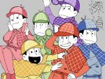  6+boys :&lt; ;3 adjusting_clothes adjusting_hat black_hair brothers cellphone deerstalker detective hat heart heart_in_mouth highres jitome looking_at_viewer magnifying_glass male_focus matsuno_choromatsu matsuno_ichimatsu matsuno_juushimatsu matsuno_karamatsu matsuno_osomatsu matsuno_todomatsu multiple_boys osomatsu-kun osomatsu-san phone sextuplets siblings sitting sitting_on_person smartphone 