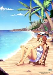  1girl bangs barefoot beach beach_chair bird blue_eyes blue_sky blurry clouds depth_of_field dress hat highres jewelry monica_cencerrado open_mouth original palm_tree pendant redhead ribbon rock sand sitting sky smile solo sun_hat tree watermark web_address white_dress 