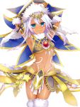  1girl ankh aqua_eyes armpits arms_up bare_shoulders bodypaint breasts bridal_gauntlets dark_skin egyptian facial_mark fur_trim headdress jewelry long_hair navel necklace puzzle_&amp;_dragons see-through solo sopdet_(p&amp;d) star thigh-highs under_boob white_hair yukkyu 
