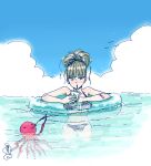  1girl bandaid drinking innertube mayuzuki_jun octopus swimsuit 
