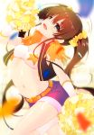  1girl akahito belt blush boots breasts brown_hair epaulettes flower green_eyes hair_flower hair_ornament leaning_back long_hair looking_at_viewer midriff navel open_mouth pom_poms ponytail short smile solo tamasaka_makoto tokyo_7th_sisters vest 