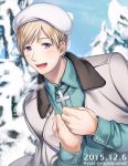  1boy axis_powers_hetalia beret blonde_hair blush cross cross_necklace dated finland_(hetalia) finnish hakonoyama hat male_focus merry_christmas solo violet_eyes 