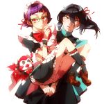  2boys alternate_costume apron binan_koukou_chikyuu_bouei-bu_love! black_hair bow brown_eyes carrying crossdressinging dress enmaided fish glasses green-framed_glasses hikaru_pict hireashi kinosaki_kou maid maid_headdress male_focus multiple_boys purple_hair red_eyes tazawa_masuya 