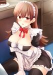  1girl alternate_costume black_legwear breasts brown_hair cleavage elbow_gloves enmaided gloves kantai_collection large_breasts long_hair looking_at_viewer maid maid_headdress ooi_(kantai_collection) red_eyes rui_shi_(rayze_ray) sitting solo thigh-highs wariza white_gloves 