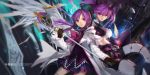  2girls aisha_(elsword) angkor_(elsword) brown_gloves coat crop_top dual_persona elemental_master_(elsword) elsword gloves highres looking_at_viewer midriff multiple_girls open_clothes open_coat polearm purple_hair shirt skirt smile swd3e2 twintails violet_eyes void_princess_(elsword) weapon 