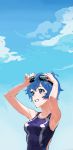  1girl arms_up blue_eyes blue_hair clouds competition_swimsuit goggles goggles_on_head grin highres kamishiro_sui one-piece_swimsuit rr_(suisse200) short_hair sky smile solo swimsuit tokyo_7th_sisters water wet 