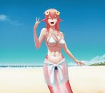  1girl ;d abs absurdres artist_name beach bikini breasts fangs hair_ornament hairclip highres lamia large_breasts long_hair miia_(monster_musume) monster_girl monster_musume_no_iru_nichijou navel one_eye_closed open_mouth outdoors pointy_ears redhead sandishy scales sky slit_pupils smile solo swimsuit yellow_eyes 