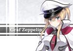  1girl absurdres blonde_hair blue_eyes breasts capelet graf_zeppelin_(kantai_collection) hat highres kantai_collection large_breasts long_hair peaked_cap solo tail_ein twintails 