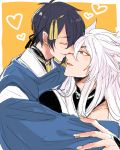  2boys black_hair closed_eyes fang heart japanese_clothes kiss kogitsunemaru male_focus mattun-00 mikazuki_munechika multiple_boys nose_kiss red_eyes smile touken_ranbu white_hair yaoi 