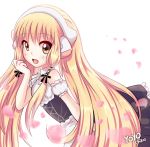  1girl artist_name blonde_hair blurry brown_eyes chii chobits collar depth_of_field dress from_side hair_ribbon hair_tubes long_hair open_mouth petals ribbon robot_ears smile solo strapless_dress twintails very_long_hair yoyochaan 