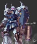  character_name fukai_ryousuke gatling_gun glowing glowing_eye gouf gouf_custom gun gundam holding_sword holding_weapon huge_weapon joints looking_at_viewer mecha mobile_suit_gundam no_humans science_fiction shield signature simple_background solo spikes sword weapon 