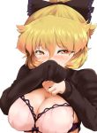  1girl blonde_hair bow bra breasts byoin covering_mouth hair_bow heart heart-shaped_pupils kurodani_yamame large_breasts orange_eyes short_hair simple_background solo sweater symbol-shaped_pupils touhou underwear white_background 