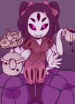  1girl black_hair boots commentary cowboy_shot croissant cup doughnut extra_arms extra_eyes fangs food hair_ribbon insect_girl looking_at_viewer mamaito muffet pink_eyes ribbon short_twintails silk small_breasts spider spider_girl spider_web teacup teapot twintails undertale 