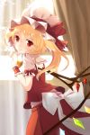  1girl ascot blonde_hair bow crystal curtains finger_to_mouth flandre_scarlet from_behind hat hat_bow hat_ribbon highres indoors looking_at_viewer looking_back mob_cap puffy_short_sleeves puffy_sleeves red_eyes ribbon short_sleeves side_ponytail sin-poi skirt smile solo sunlight touhou window wings 