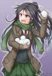  1girl angry anti_(untea9) black_hair black_vest blue_eyes brown_coat brown_gloves coat cowboy_shot gloves green_scarf green_skirt hair_ribbon highres kantai_collection katsuragi_(kantai_collection) long_hair long_sleeves looking_to_the_side messy_hair necktie open_clothes open_coat open_mouth pleated_skirt ponytail purple_background ribbon scarf shirt simple_background skirt snow snowball snowball_fight solo sweat tears twitter_username vest white_ribbon white_shirt winter winter_clothes 