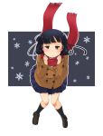  1girl bangs blunt_bangs coat falling hatsuka hatsuyuki_(kantai_collection) kantai_collection long_hair looking_at_viewer red_scarf scarf school_uniform skirt snowflakes 