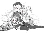  3girls american_flag_legwear american_flag_shirt animal_ears china_dress chinese_clothes clownpiece dress fairy_wings hand_on_another&#039;s_head hat highres jester_cap junko_(touhou) long_hair looking_at_viewer lying monochrome multiple_girls on_lap on_side one_eye_closed open_mouth pointy_ears rabbit_ears raptor7 red_eyes reisen_udongein_inaba sitting smile spot_color touhou wings yuri 