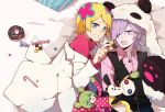  androgynous blonde_hair blue_eyes candy candy_cane character_request checkerboard_cookie cookie doughnut food grin highres irabu_ichirou kuuchuu_buranko lavender_eyes lavender_hair lying on_back on_side open_mouth panda_ears paws smile stuffed_animal stuffed_toy vest wang_xinquan 