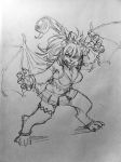  1girl animal_ears breasts claws fighting_stance full_body fur kanemaki_thomas lion_ears long_hair manticore memeko_(monster_musume) monochrome monster_girl monster_musume_no_iru_nichijou monster_musume_no_iru_nichijou_online scorpion_tail sketch solo traditional_media wings 