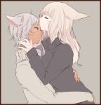  2girls animal_ears blonde_hair cat_ears closed_eyes dark_skin eyelashes facial_mark final_fantasy final_fantasy_xiv forehead_kiss grey_hair hug kiss long_hair long_sleeves miqo&#039;te multiple_girls profile short_hair sweater turtleneck wagashi_(goma_dango) yuri 