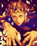  1boy blonde_hair blurry face flower foreshortening giorno_giovanna jojo_no_kimyou_na_bouken lying male_focus on_stomach petals solo yellow_eyes yelsh 