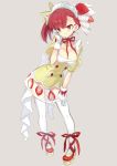  1girl bow breasts cleavage food food_as_clothes food_themed_clothes fruit full_body gloves grey_background hairband looking_at_viewer miyoshino original red_bow red_eyes red_shoes redhead see-through shirt shoes short_hair side_ponytail skirt smile solo standing strawberry thigh-highs whipped_cream white_bow white_gloves white_legwear yellow_shirt 