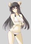  1girl aemu_(august_life) bikini black_hair breast_hold breasts cleavage horns long_hair looking_at_viewer original pointy_ears solo swimsuit violet_eyes 