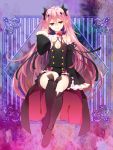 1girl bare_shoulders black_dress black_legwear boots choker detached_sleeves dress full_body krul_tepes long_hair looking_at_viewer owari_no_seraph pink_hair pointy_ears red_eyes ribbon sitting smile solo suzushiro thigh-highs thigh_boots two_side_up vampire very_long_hair 