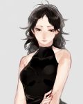  1girl akaashi_keiji bare_shoulders black_dress black_eyes black_hair closed_mouth dress eyelashes female genderswap grey_background haikyuu!! haku_(tokuray) looking_away looking_down messy_hair simple_background sleeveless sleeveless_dress solo upper_body 