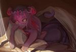 1girl apophis_(monster_girl_encyclopedia) bed black_sclera crown godsh0t highres hug lamia looking_at_viewer lying monster_girl monster_girl_encyclopedia on_stomach pillow pink_hair pointy_ears scales shadow smile snake_tail yellow_eyes 