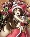  1girl ;d adapted_costume bracelet brown_hair christmas fingerless_gloves fur_trim gloves guilty_gear hat jewelry long_hair mashou_boy may_(guilty_gear) merry_christmas one_eye_closed open_mouth pirate_hat red_eyes red_hat sack skull_and_crossbones smile solo sports_bra 