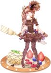  1girl blueberry blueberry_hair_ornament bow brown_bow brown_gloves brown_hair brown_legwear brown_rose brown_shoes brown_skirt cake_hair_ornament chocolate_syrup choker fondant_au_chocolat food food_as_clothes food_themed_clothes food_themed_ornament frills fruit full_body gloves hairband high_heels highres long_hair looking_at_viewer original pantyhose personification plate pocketland raspberry_hair_ornament red_eyes rizumari shoes side_ponytail skirt solo standing strawberry white_background 