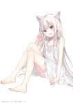  0.000000001_percent_derenai_shiroi_neko 1girl absurdres animal_ears bare_shoulders barefoot cat_ears dress fang feet fukahire_sanba highres legs long_hair open_mouth paw_pose red_eyes shionome_koneko simple_background sitting solo toes very_long_hair white_background white_hair 